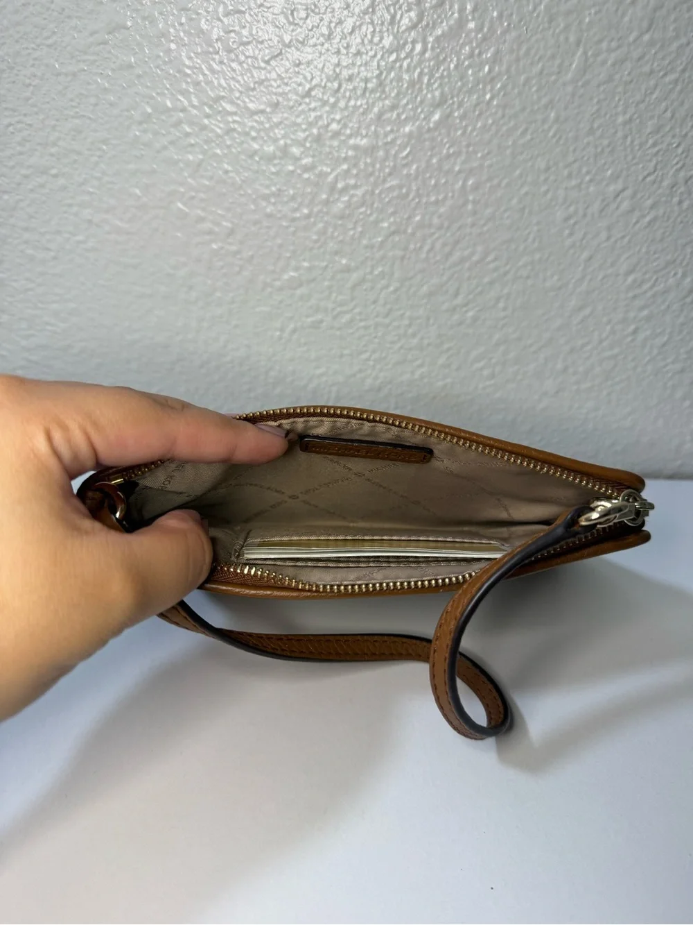 Michael Kors Brown Logo Print Wristlet with Gold Hardware